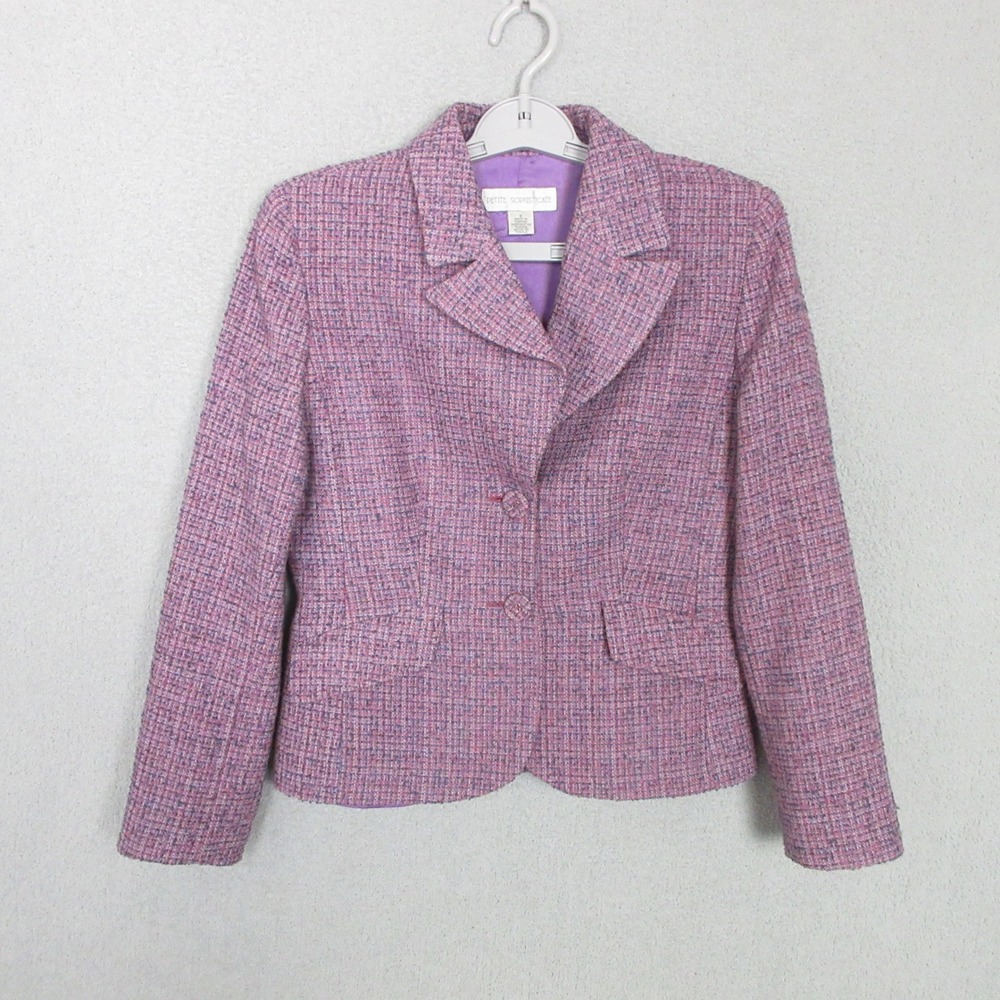Petite Sophisticate Tweed Blazer Women 6 Purple Pink Wool Blend Two Button